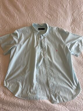 Ralph Lauren Pale Blue Short-Sleeve Button-Down Shirt with Pink Polo Logo